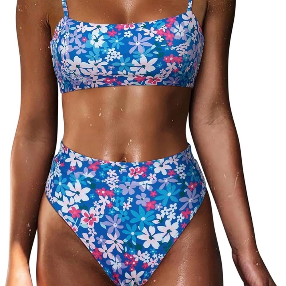 Blue and Pink Bikini Set Sporty Bandeau High-Waisted